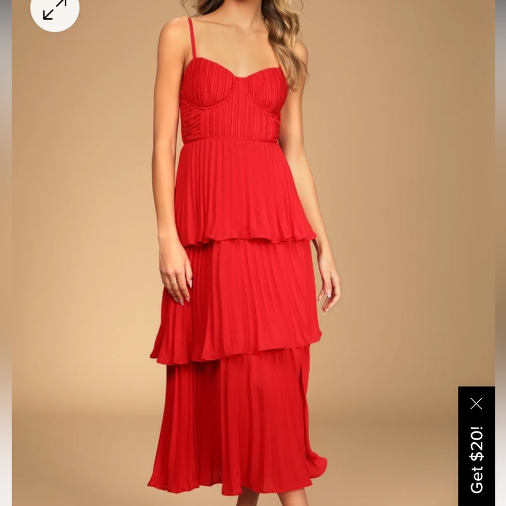 Lulus Cascading Red Crush tiered Bustier Midi Dress